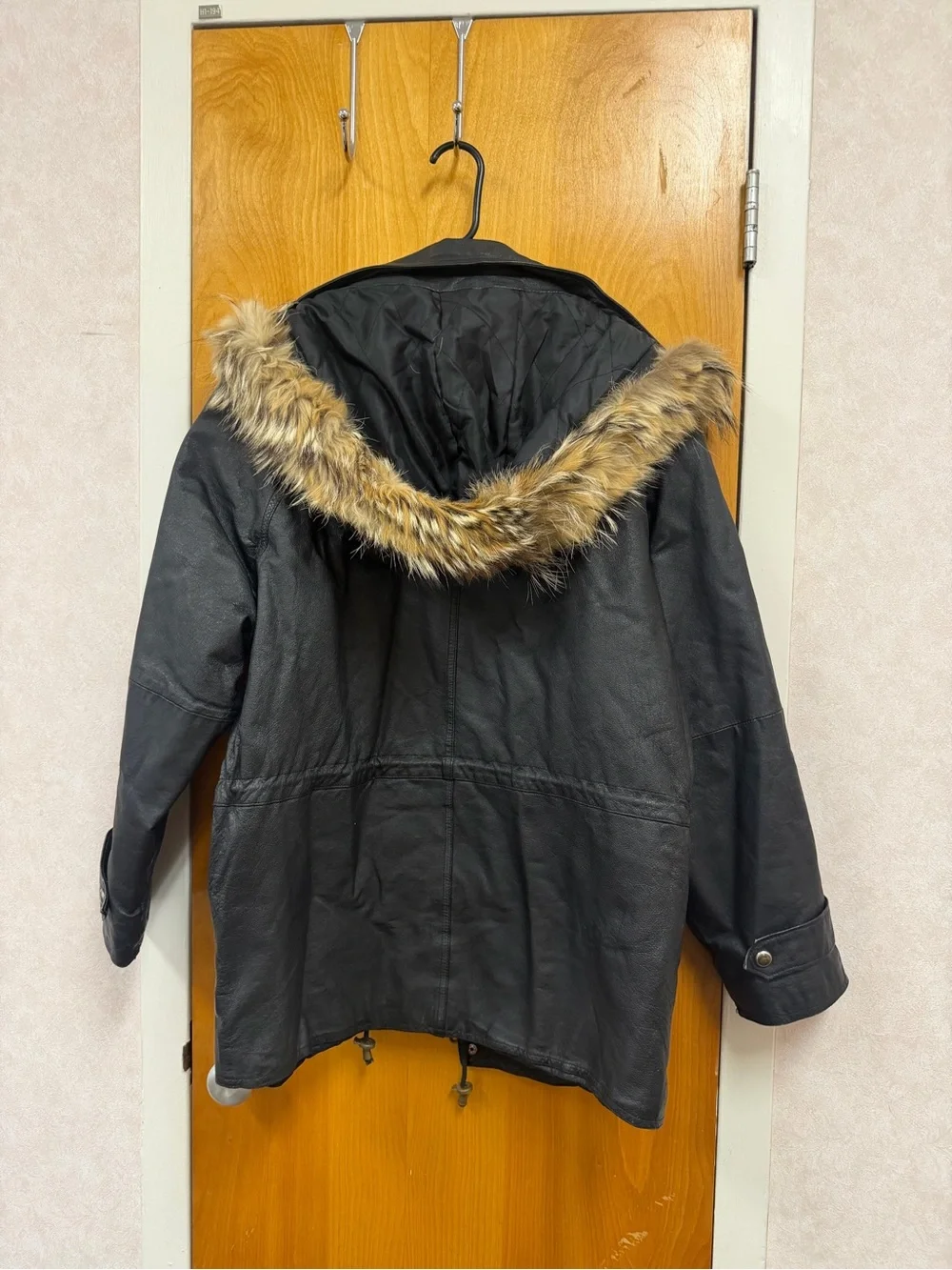 Joules Black Leather Parka with Faux Fur Trim